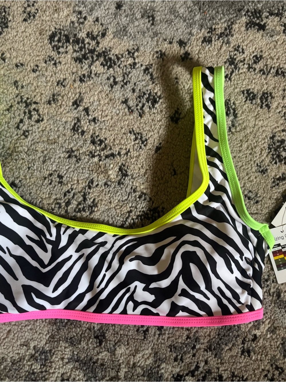 NOBO Black and White Zebra Print Bikini Top with Neon Green and Hot Pink Trim